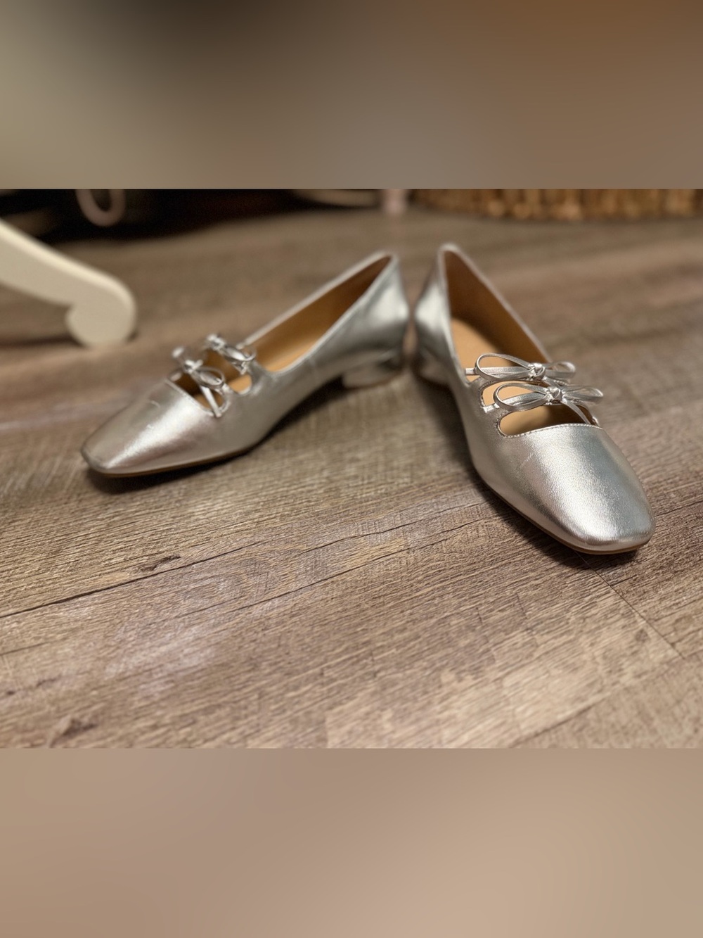 Copper Key Silver Mary Jane Flats with Bow Straps